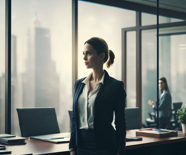 Portrait of young businesswoman standing in modern office with city view