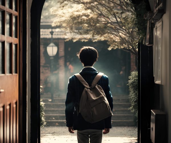 Back view of young man with backpack looking at the street through the window