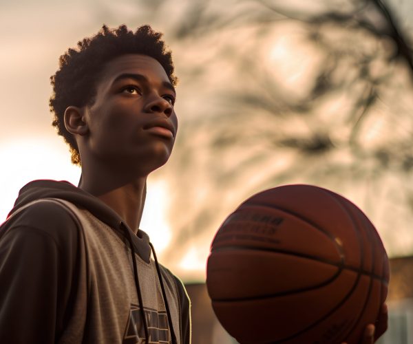 Portrait of young african american man playing basketball outdoors.