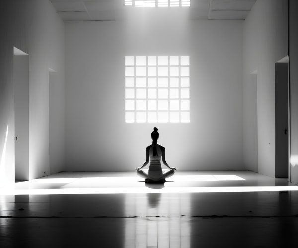 Silhouette of a woman practicing yoga in a room with large windows